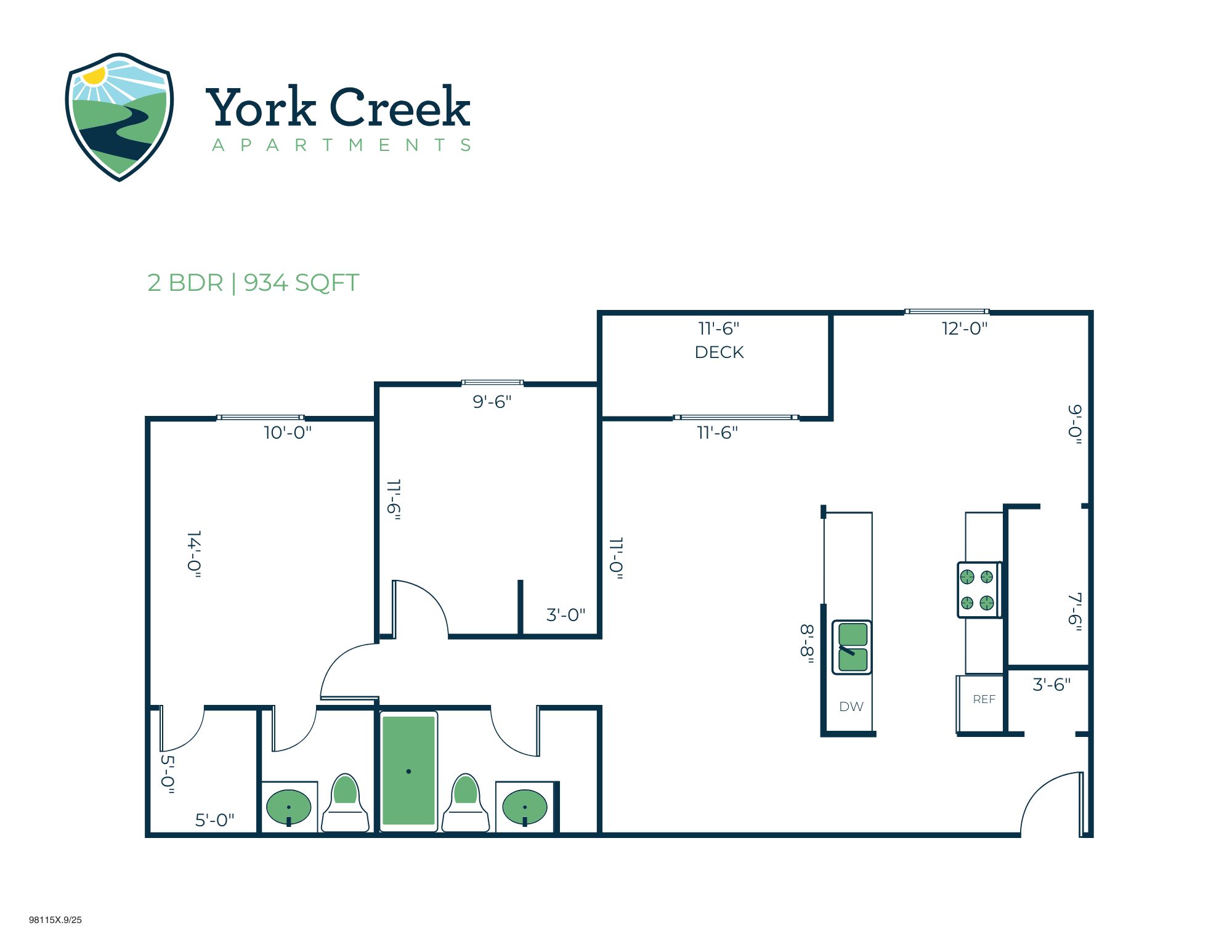 Floor plan for 2 beds, 1.5 baths, 934 sqft
